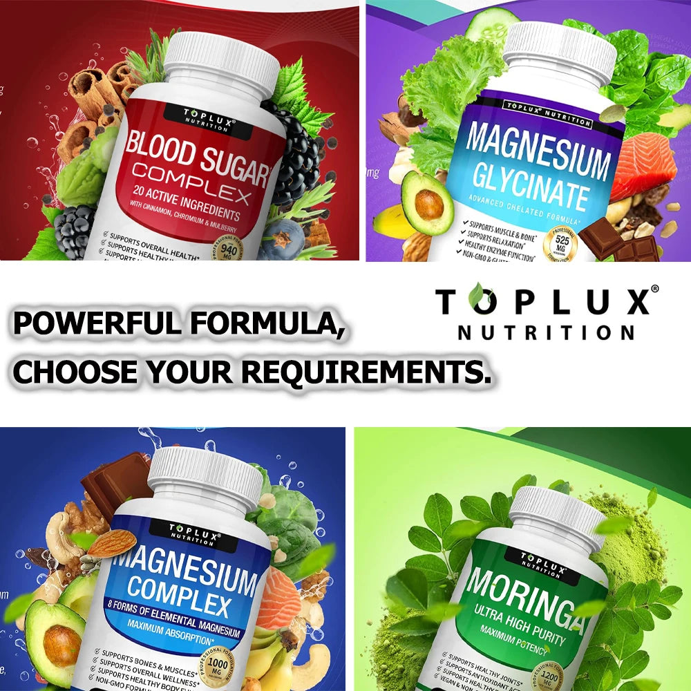 Premium  1000Mg Magnesium Glysinate 525Mg Blood Sugar Complex 940Mg Moringa Capsules 1200Mg Non-Gmo